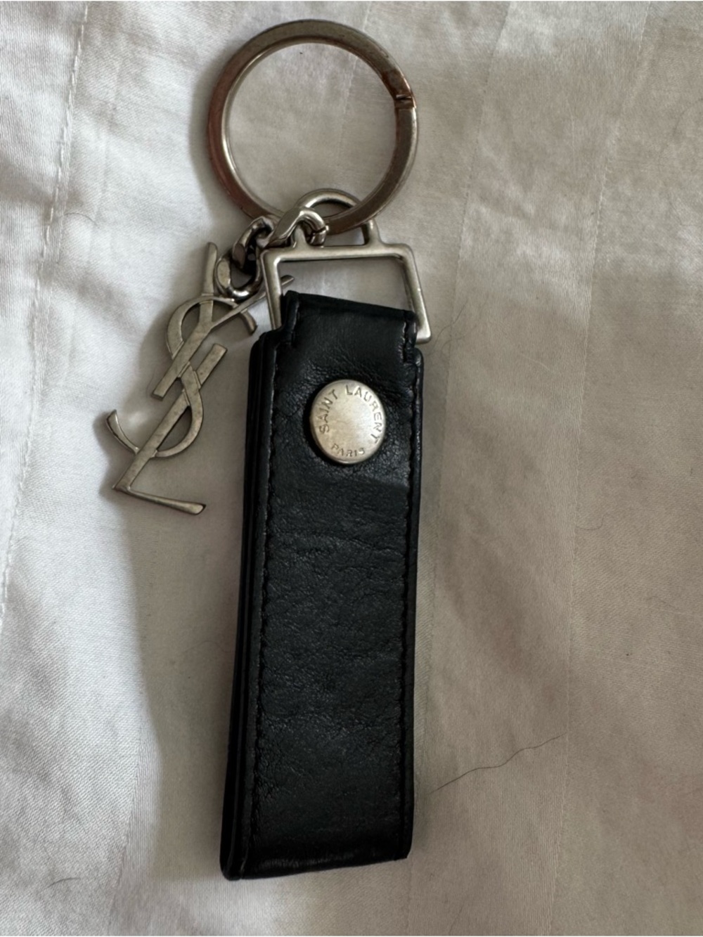 Saint Laurent Black Leather Keyring with Silver YSL Charm / Bag Charm - Picture 3 of 7